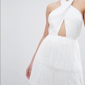 Cross Front Halter Jumpsuit With Fringe